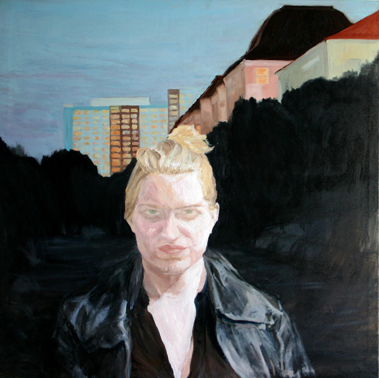 Oil painting on canvas  representing a blond young woman in the city of Berlin