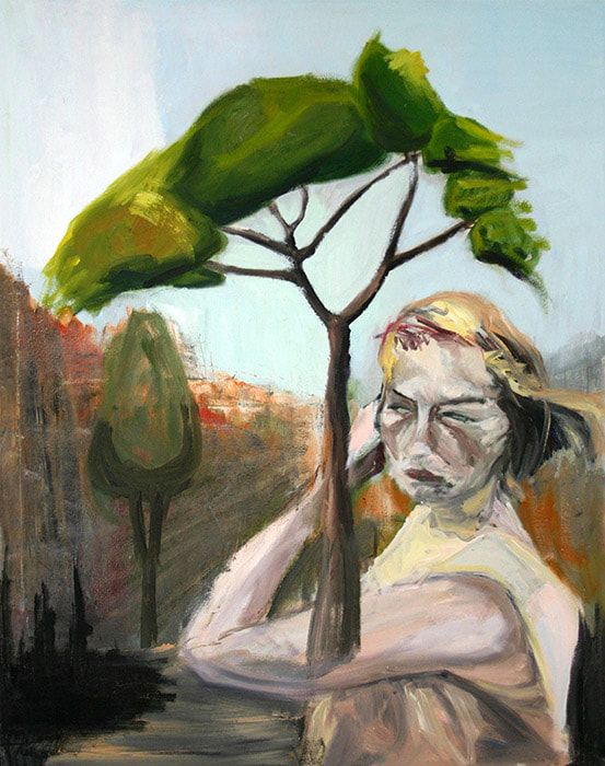 Oil paintig on canvas representing a symbolic scene of a blond young woman and  a tree