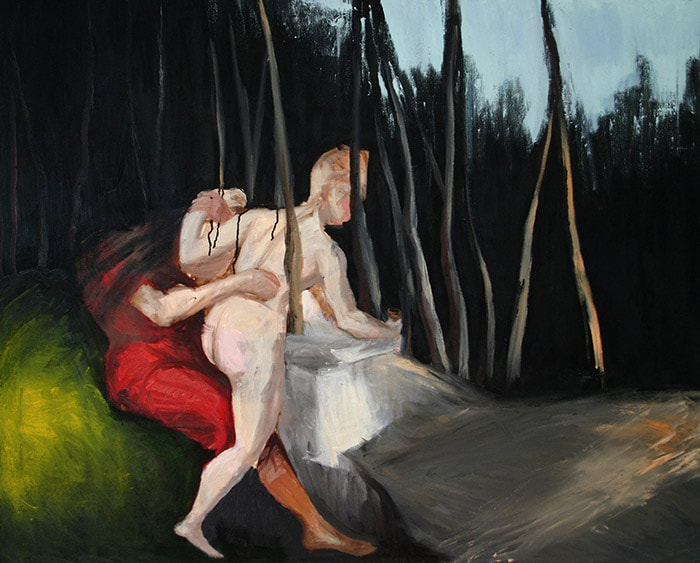 Oil on canvas expressionist painting representing the scene of a nude young woman and a dressed man on the forest