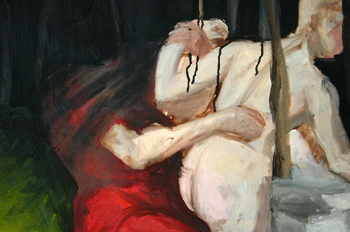 Oil on canvas expressionist painting representing the scene of a nude woman and a dressed man on the forest