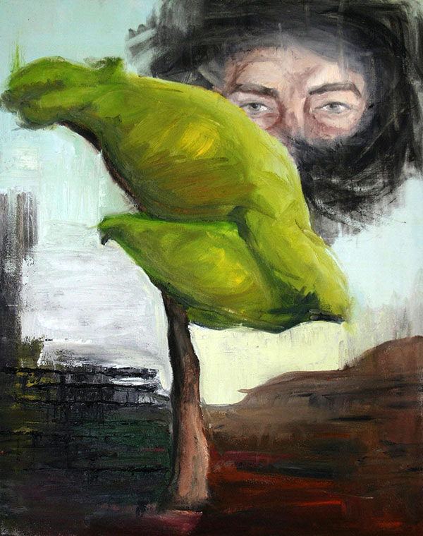 Oil on canvas expressionist painting representing a tree and the mask of a man