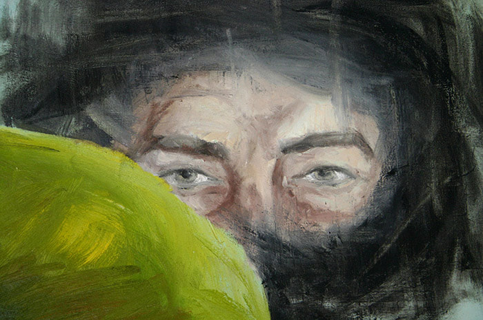 Oil on canvas expressionist painting representing the mask of a man