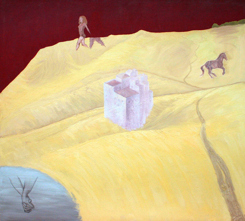 Oil paintig on canvas representing symbolic scene of a young woman walking on a yellow mountain   