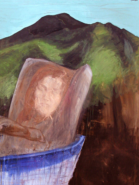 Oil paintig on canvas representing symbolic scene of a young woman on a boat with a mountain on the background