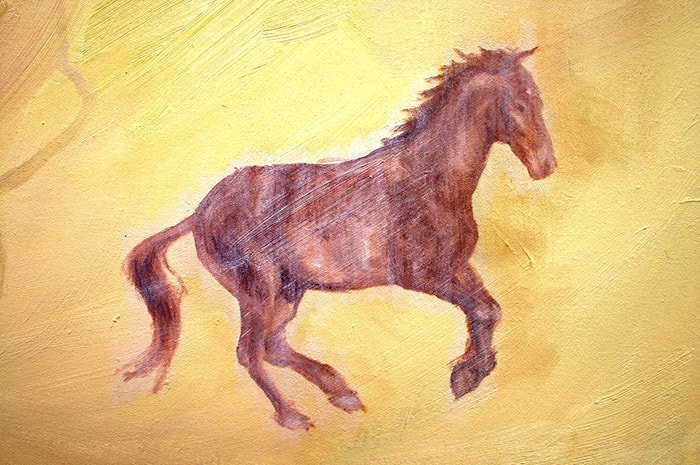 Oil paintig on canvas representing symbolic scene of a horse trotting