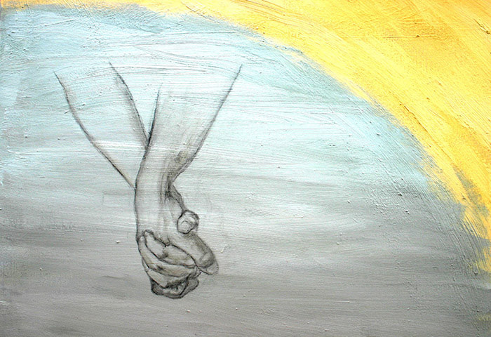 Oil paintig on canvas representing symbolic scene of  a female and a male hand holding each other