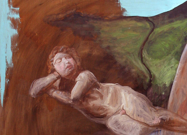 Oil paintig on canvas representing symbolic scene of cherub lying on the air