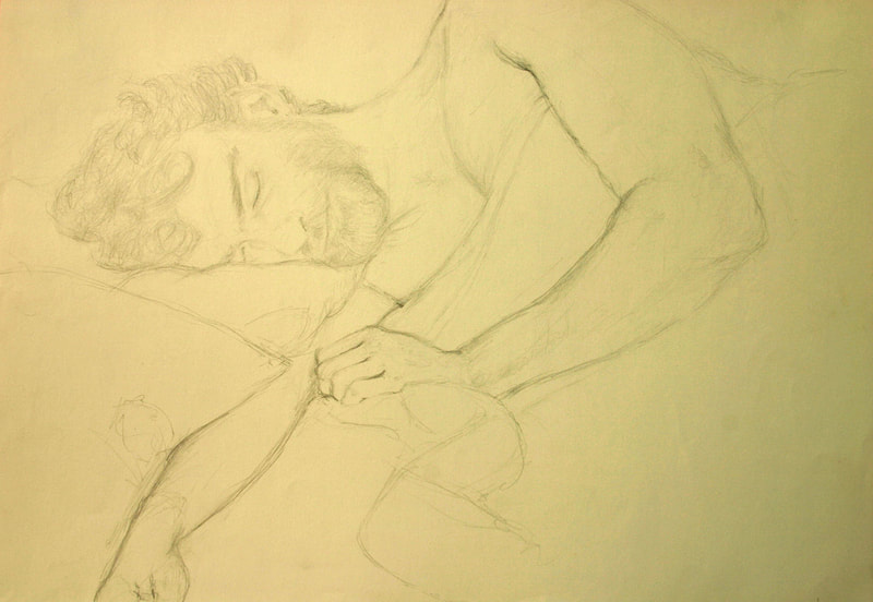 Pencil drawing representing the portrait of a young man sleeping