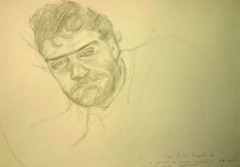 Pencil drawing representing the portrait of a young man lying in bed