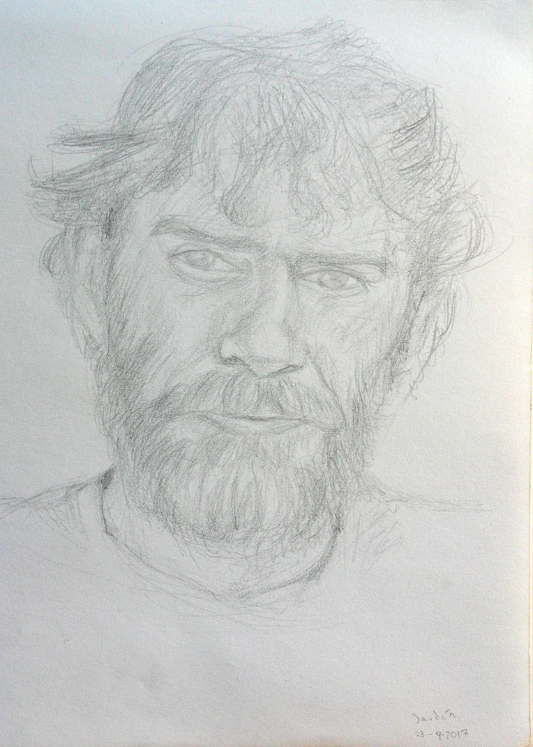 Pencil drawing representing the portrait of a young man thinking