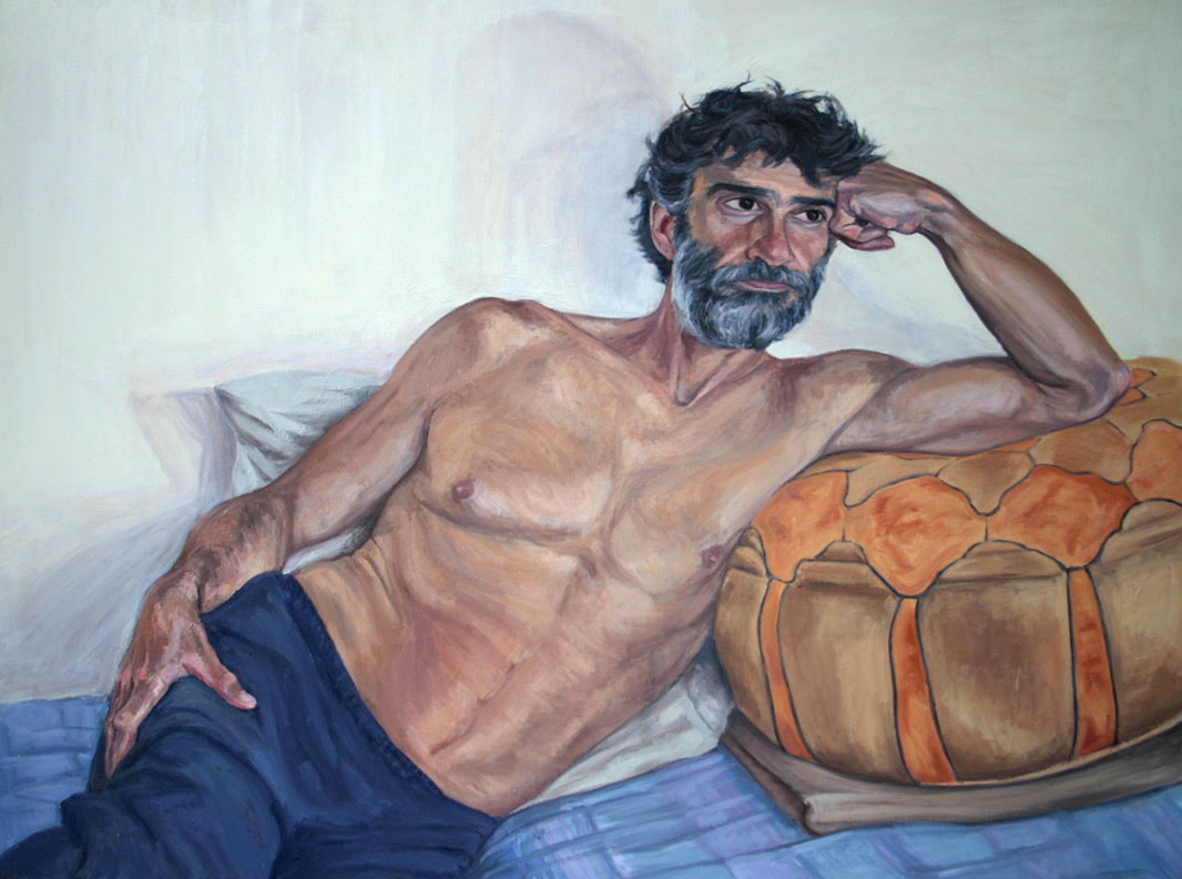 Oil paintig representing a young man lying in bed  and holding his head