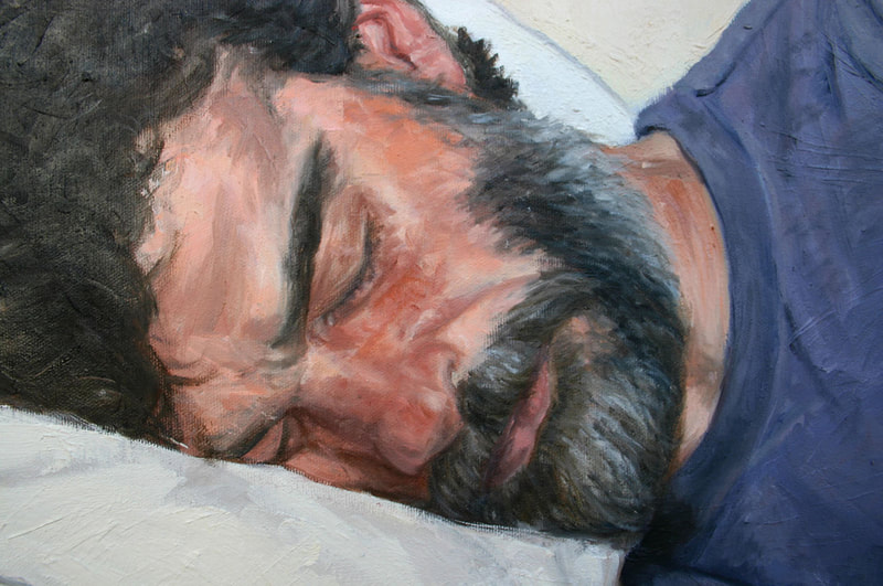 Oil paintig representing a young man lying in bed