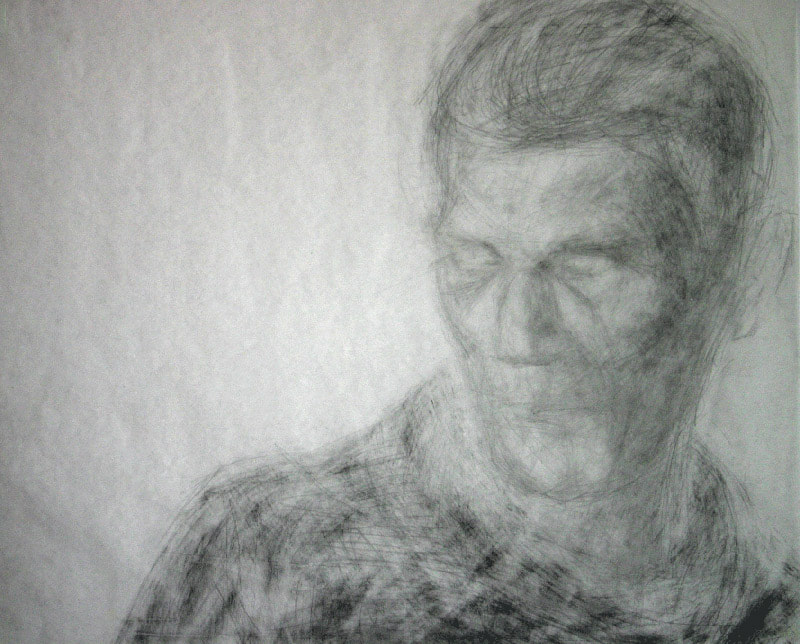 Pencil contemporary drawing representing the deconstructed portrait of Samuel Beckett