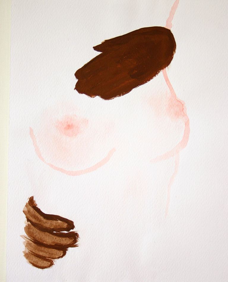 Gouache painting on paper representing a female body and male hands
