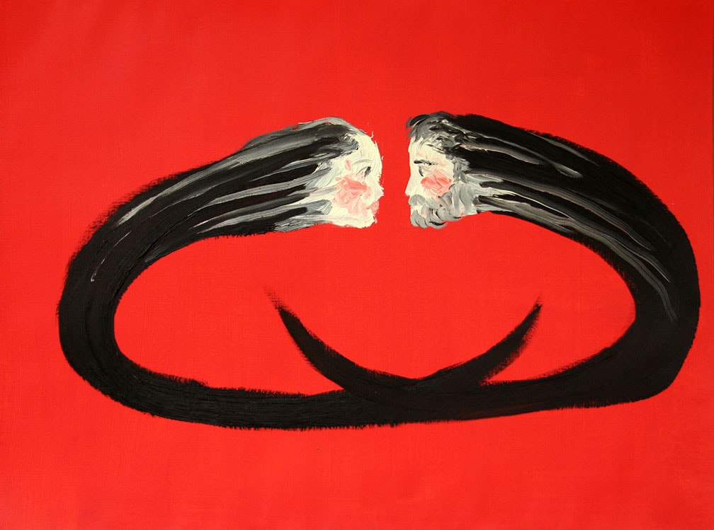 Oil expresionist painting on paper representing a couple hugging each other