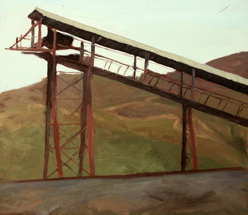 Oil on board contemporary painting representing a mining landscape on the mountains